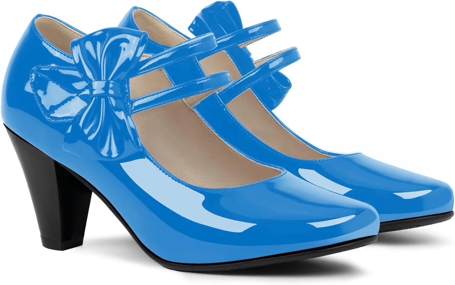Women's Bowknot Patent Leather Sweet Closed Toe Chunky High Heel Mary Janes Pumps Almond Toe Hook Loop Ankle Strap Vintage Shoes