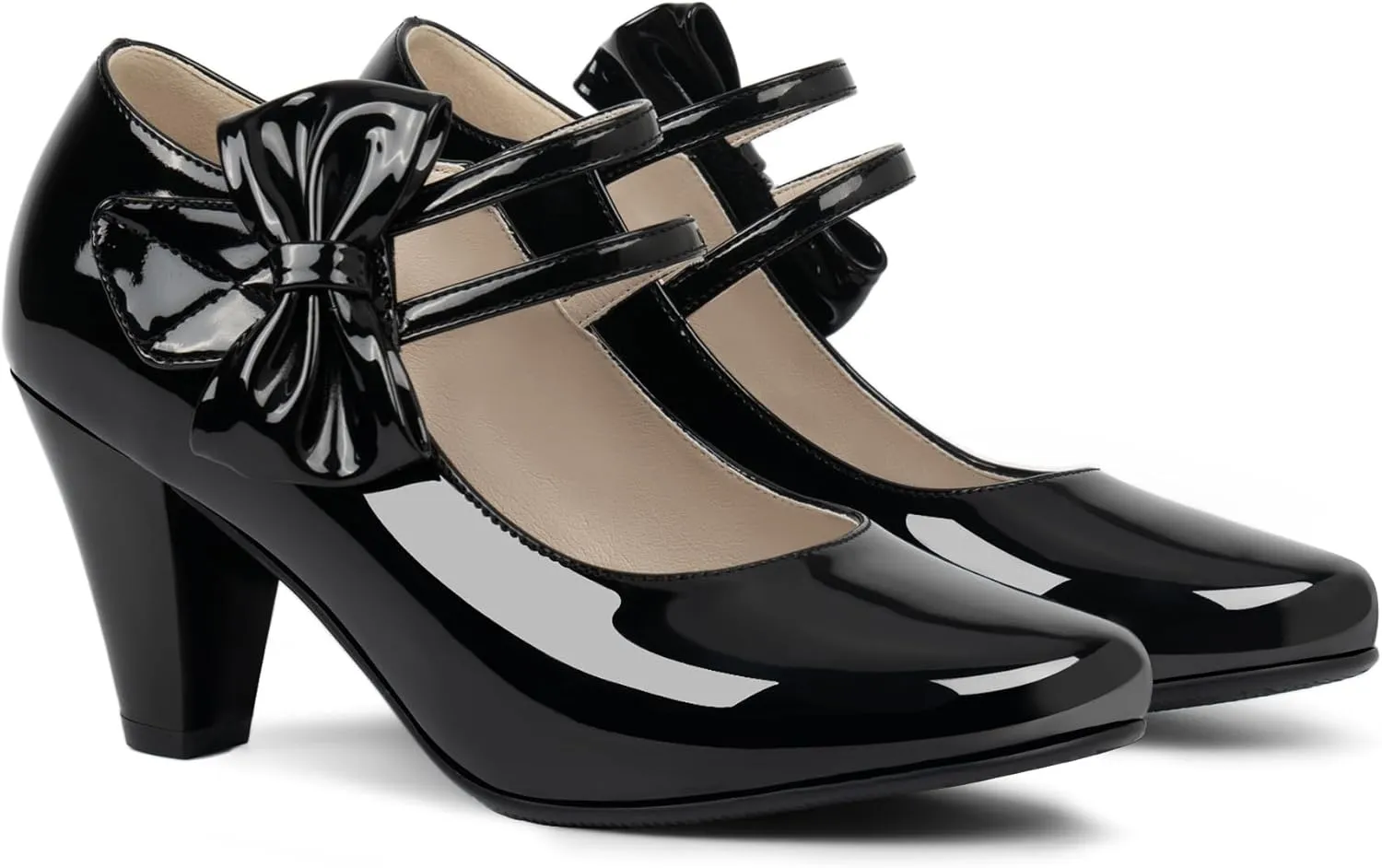 Women's Bowknot Patent Leather Sweet Closed Toe Chunky High Heel Mary Janes Pumps Almond Toe Hook Loop Ankle Strap Vintage Shoes