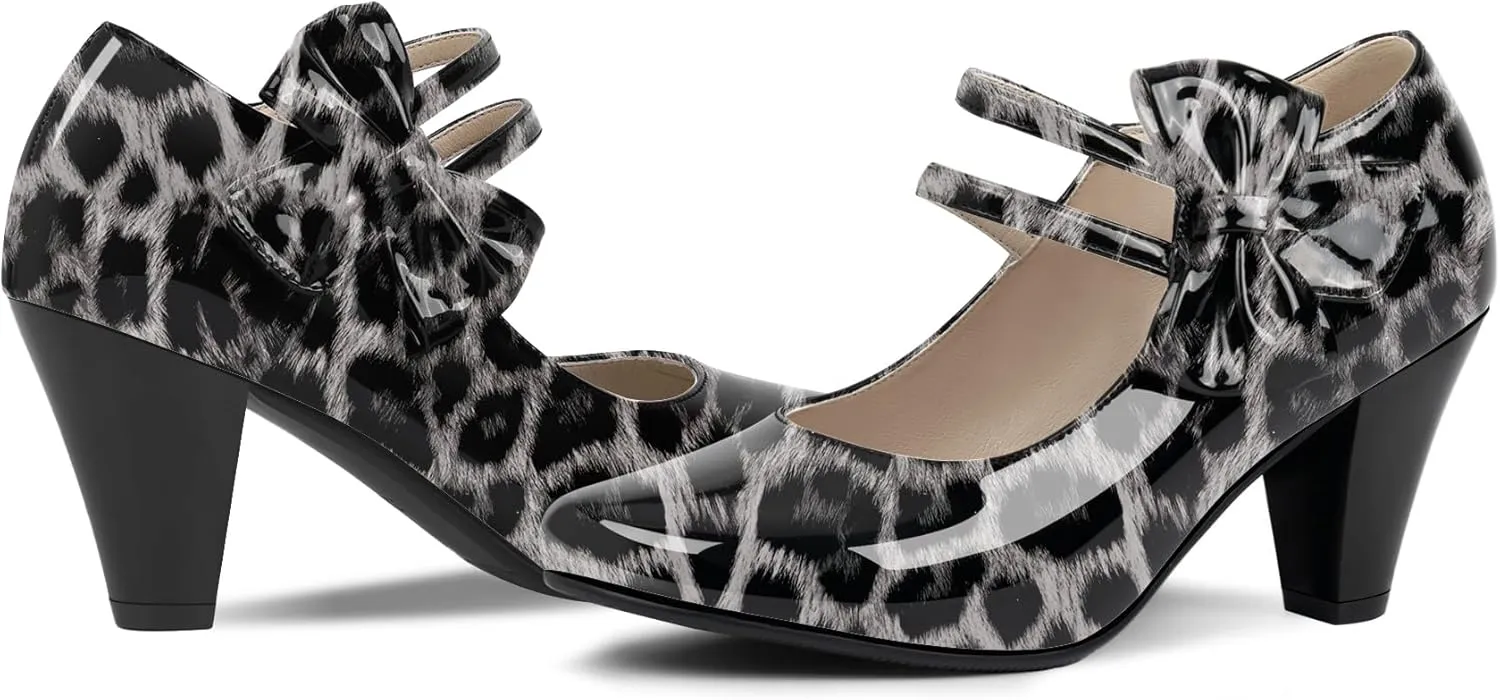Women's Bowknot Patent Leather Sweet Closed Toe Chunky High Heel Mary Janes Pumps Almond Toe Hook Loop Ankle Strap Vintage Shoes