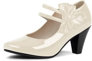Women's Bowknot Patent Leather Sweet Closed Toe Chunky High Heel Mary Janes Pumps Almond Toe Hook Loop Ankle Strap Vintage Shoes