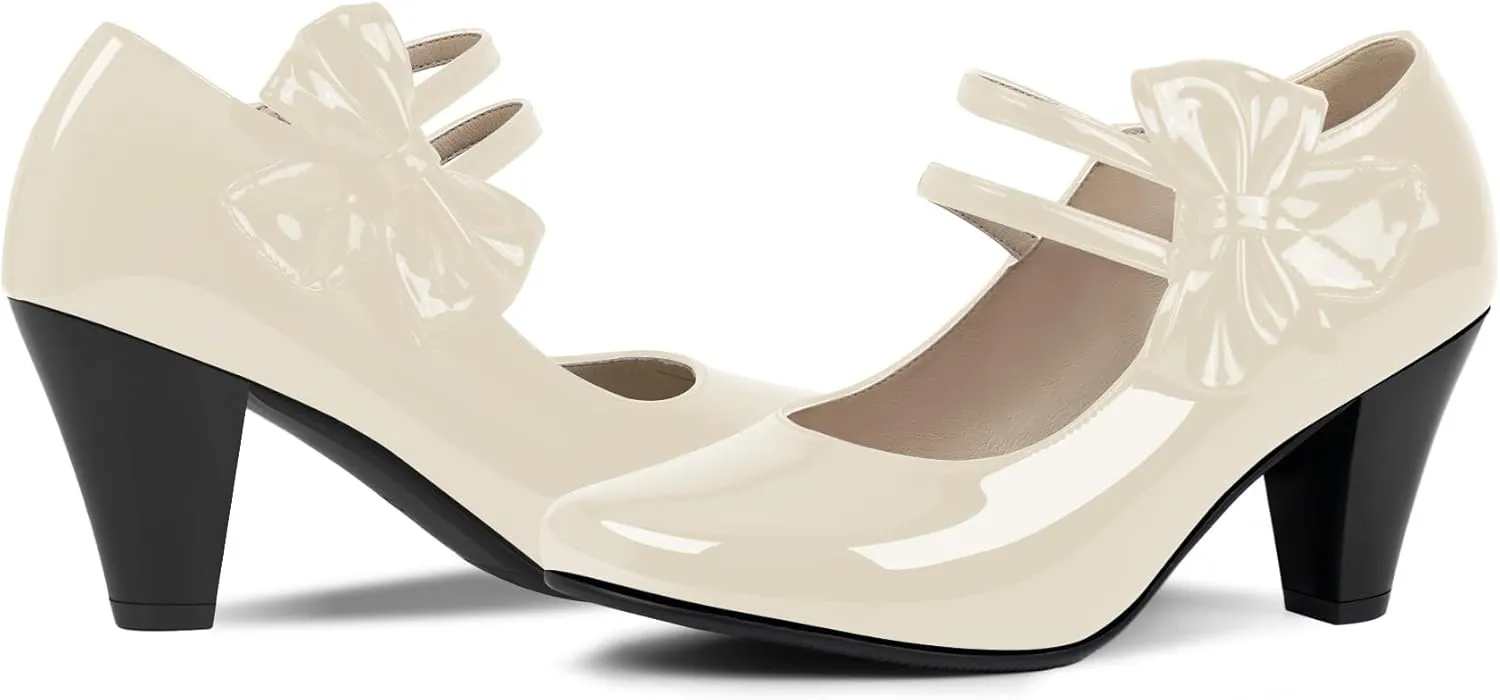 Women's Bowknot Patent Leather Sweet Closed Toe Chunky High Heel Mary Janes Pumps Almond Toe Hook Loop Ankle Strap Vintage Shoes