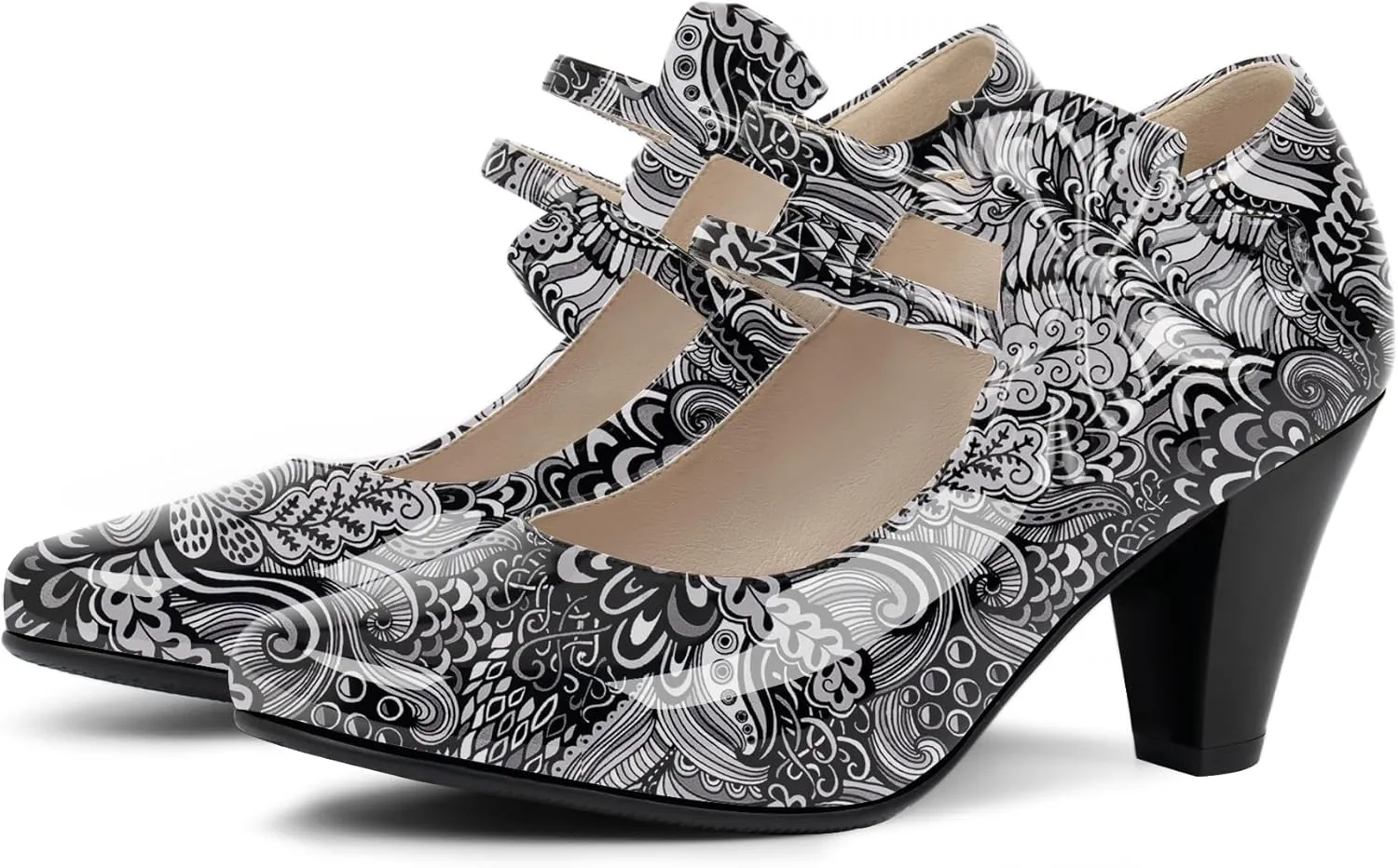 Women's Bowknot Patent Leather Sweet Closed Toe Chunky High Heel Mary Janes Pumps Almond Toe Hook Loop Ankle Strap Vintage Shoes