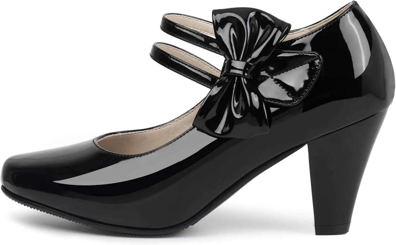 Women's Bowknot Patent Leather Sweet Closed Toe Chunky High Heel Mary Janes Pumps Almond Toe Hook Loop Ankle Strap Vintage Shoes