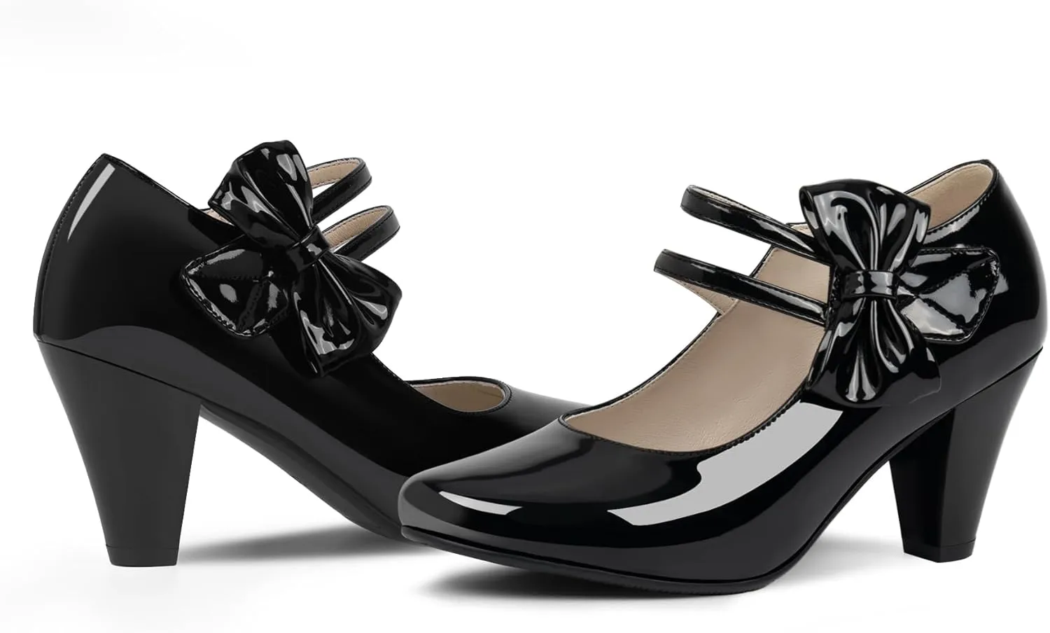 Women's Bowknot Patent Leather Sweet Closed Toe Chunky High Heel Mary Janes Pumps Almond Toe Hook Loop Ankle Strap Vintage Shoes
