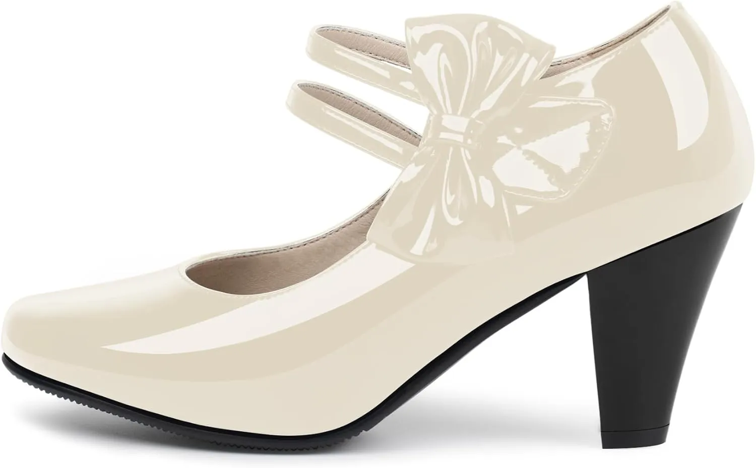 Women's Bowknot Patent Leather Sweet Closed Toe Chunky High Heel Mary Janes Pumps Almond Toe Hook Loop Ankle Strap Vintage Shoes
