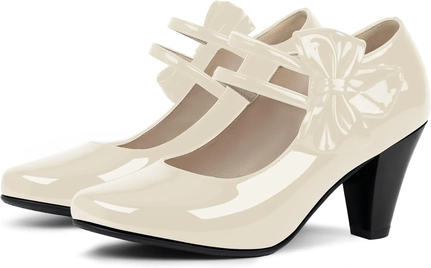 Women's Bowknot Patent Leather Sweet Closed Toe Chunky High Heel Mary Janes Pumps Almond Toe Hook Loop Ankle Strap Vintage Shoes
