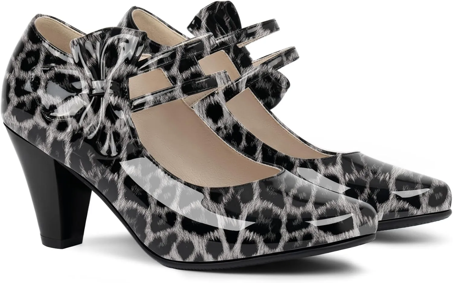 Women's Bowknot Patent Leather Sweet Closed Toe Chunky High Heel Mary Janes Pumps Almond Toe Hook Loop Ankle Strap Vintage Shoes