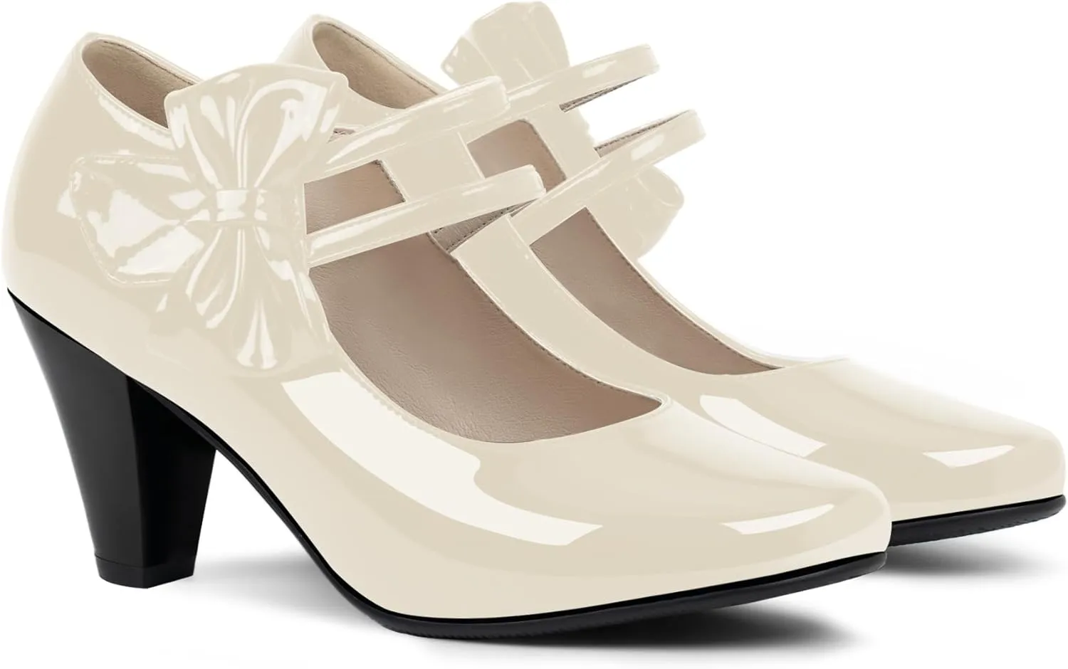 Women's Bowknot Patent Leather Sweet Closed Toe Chunky High Heel Mary Janes Pumps Almond Toe Hook Loop Ankle Strap Vintage Shoes