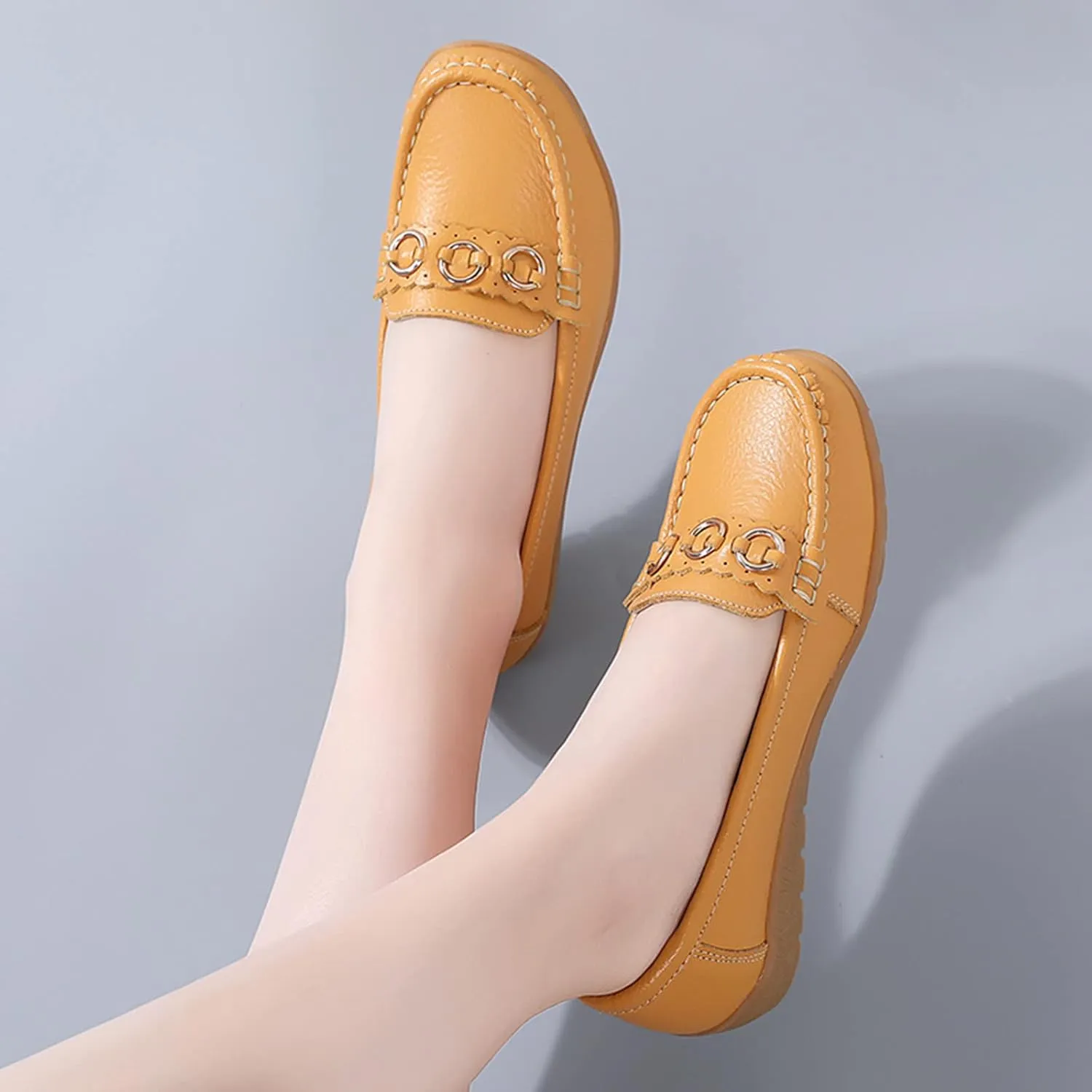 Womens Comfort Walking Flat Loafer Slip On Leather Loafer Comfortable Flat Shoes Outdoor Driving Shoes Beach Women Flat Sandals (Yellow, 7.5)