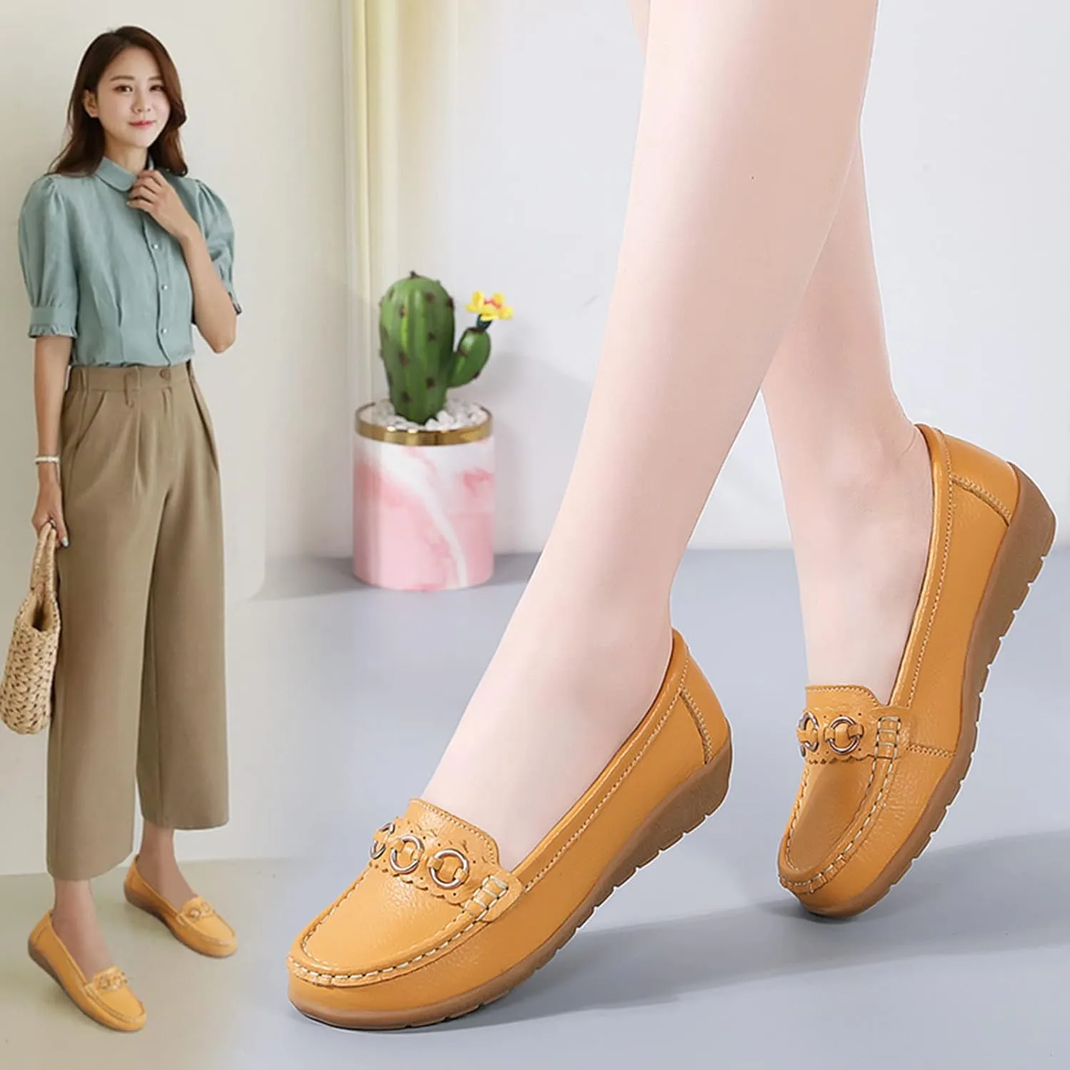 Womens Comfort Walking Flat Loafer Slip On Leather Loafer Comfortable Flat Shoes Outdoor Driving Shoes Beach Women Flat Sandals (Yellow, 7.5)