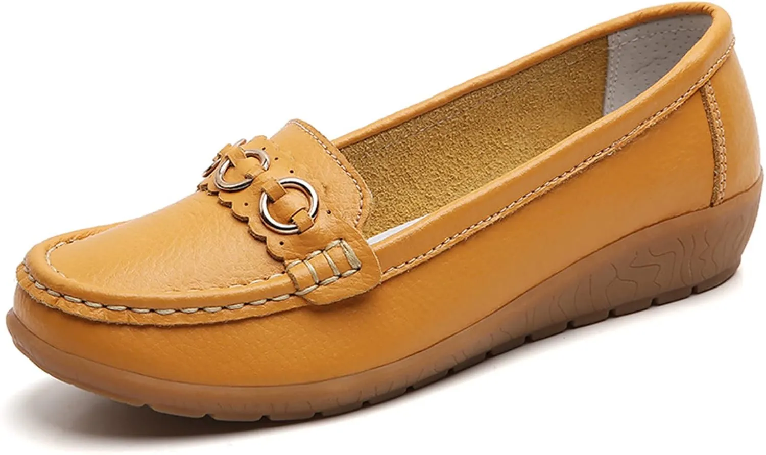 Womens Comfort Walking Flat Loafer Slip On Leather Loafer Comfortable Flat Shoes Outdoor Driving Shoes Beach Women Flat Sandals (Yellow, 7.5)
