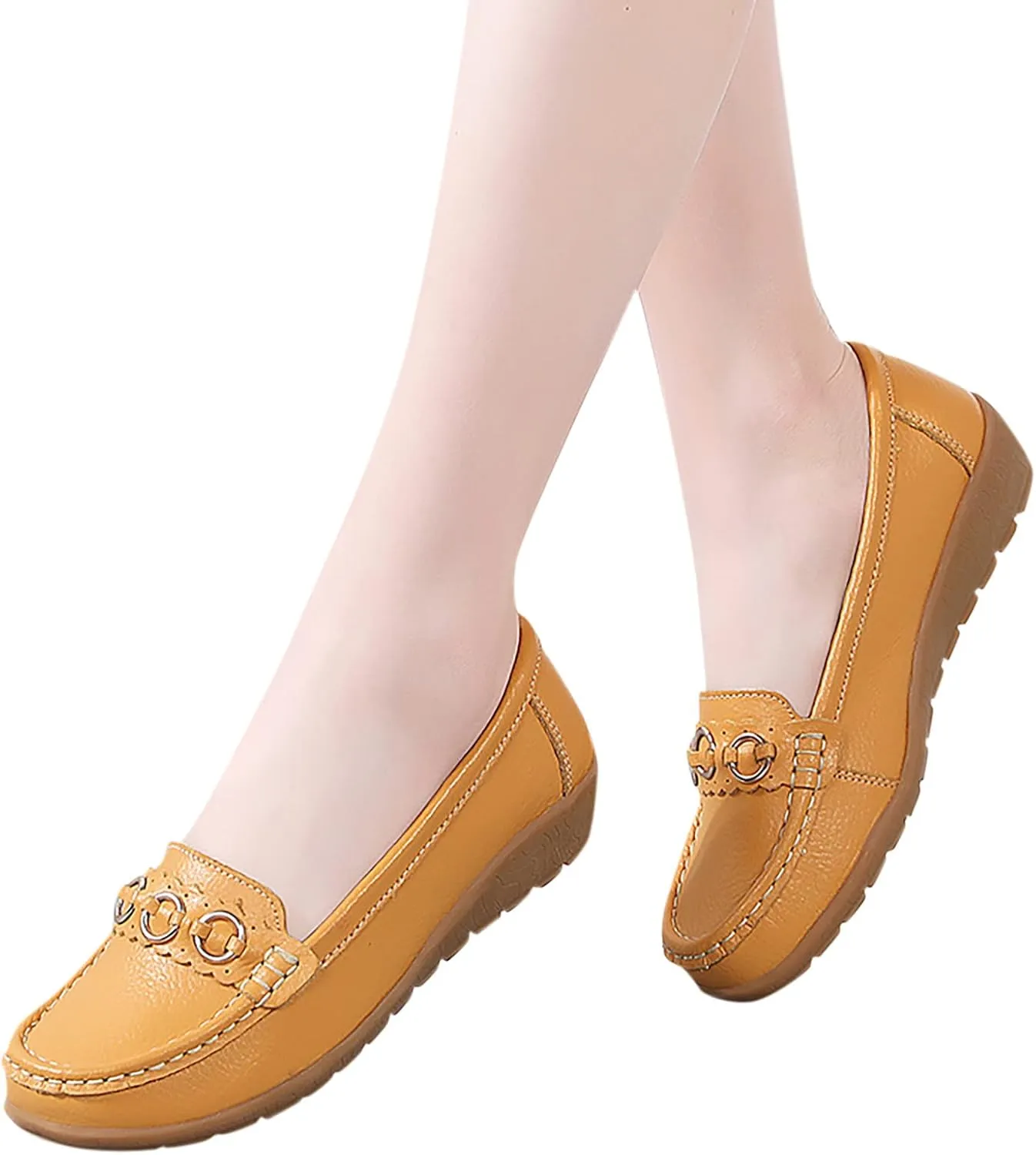 Womens Comfort Walking Flat Loafer Slip On Leather Loafer Comfortable Flat Shoes Outdoor Driving Shoes Beach Women Flat Sandals (Yellow, 7.5)