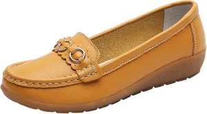 Womens Comfort Walking Flat Loafer Slip On Leather Loafer Comfortable Flat Shoes Outdoor Driving Shoes Beach Women Flat Sandals (Yellow, 7.5)