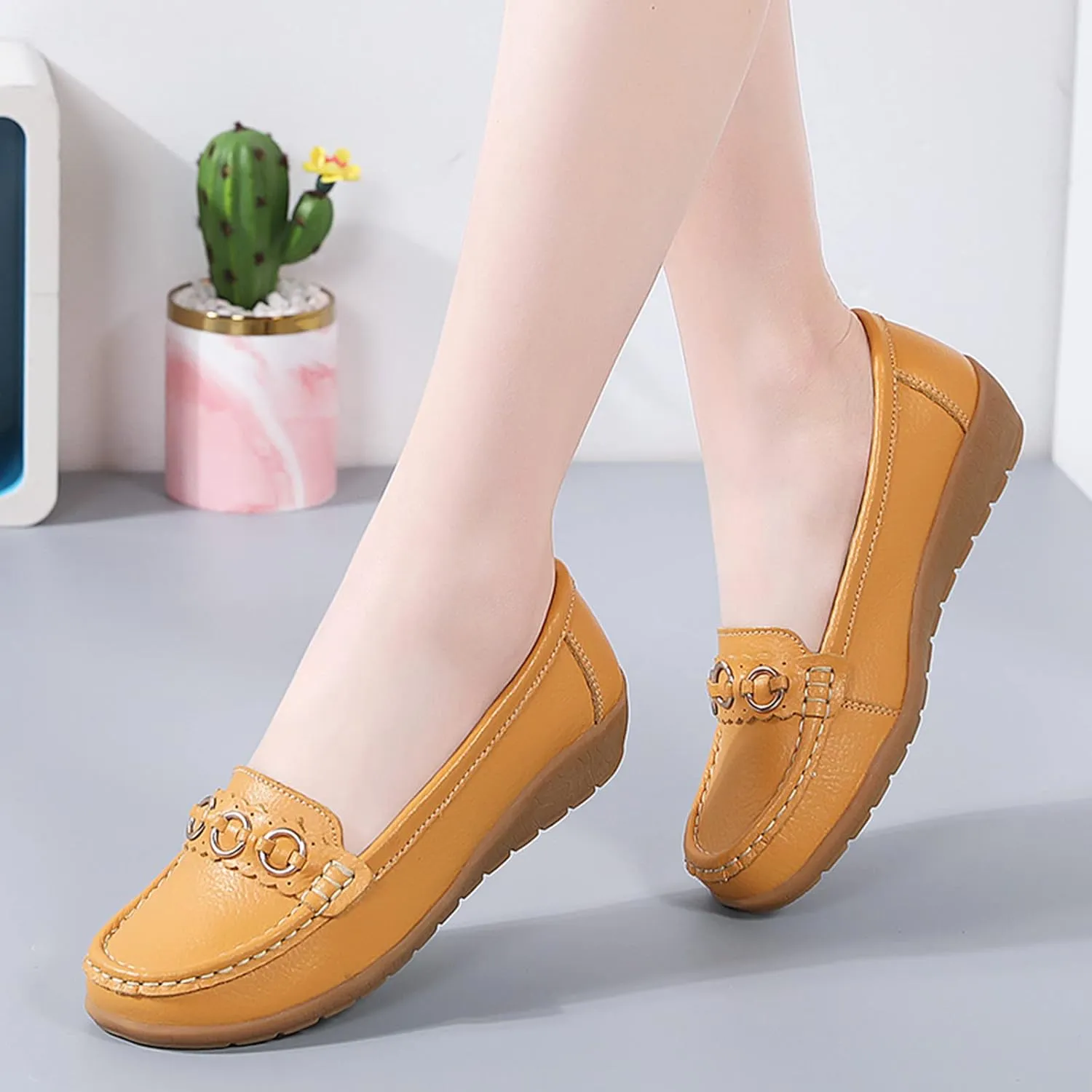 Womens Comfort Walking Flat Loafer Slip On Leather Loafer Comfortable Flat Shoes Outdoor Driving Shoes Beach Women Flat Sandals (Yellow, 7.5)