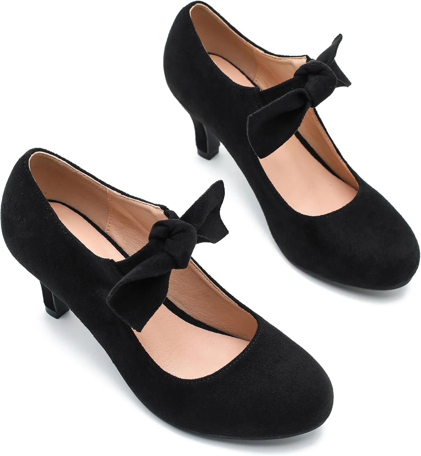 Women's Cute Bow Heels Mary Jane Kitten Heel Pumps Closed Round Toe Low Heels Ankle Strap Wedding Evening Party Dress Office Work Church Shoes