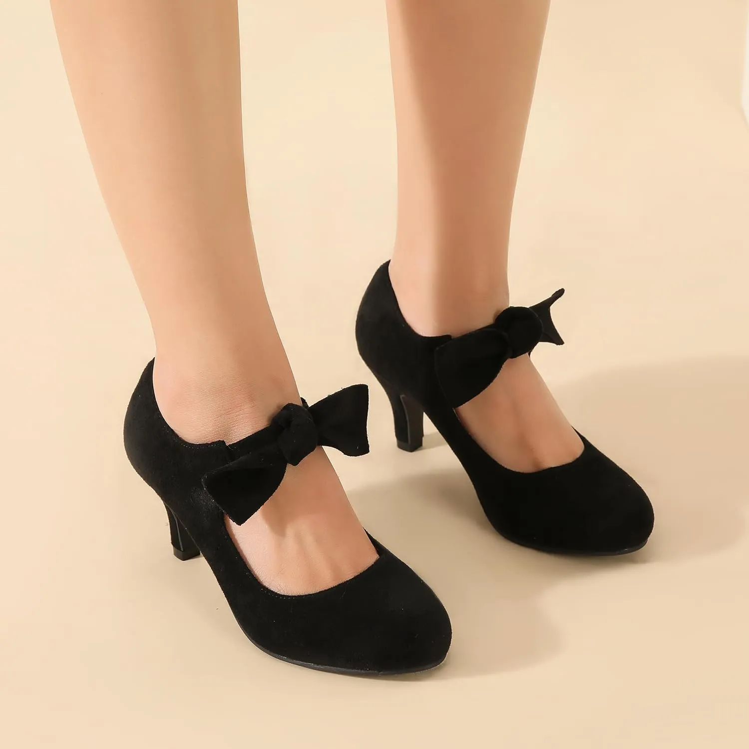 Women's Cute Bow Heels Mary Jane Kitten Heel Pumps Closed Round Toe Low Heels Ankle Strap Wedding Evening Party Dress Office Work Church Shoes