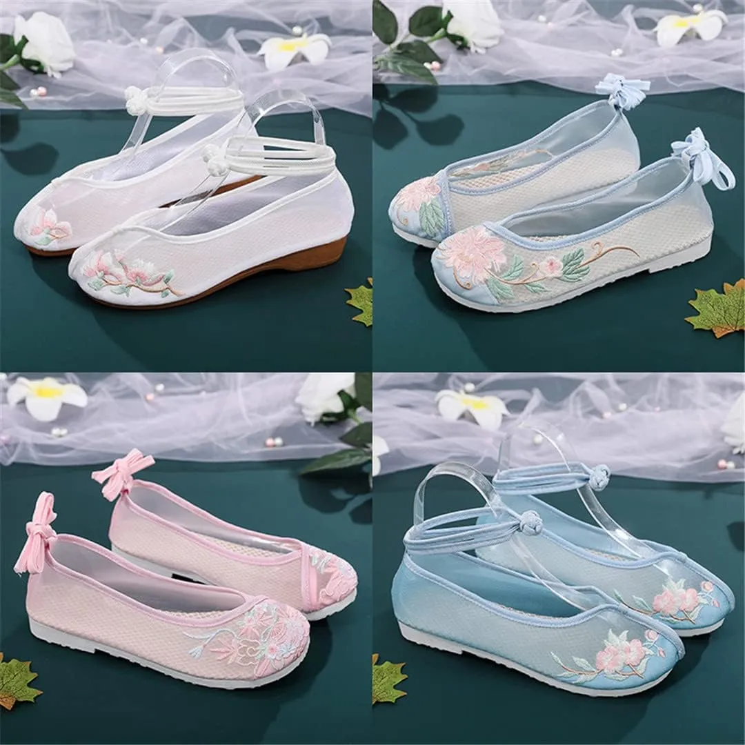Women's EmbroideShoes, Hanfu Shoes, Flat Heel, Tendon Bottom, Breathable, Mesh,
