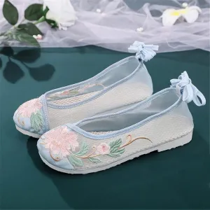 Women's EmbroideShoes, Hanfu Shoes, Flat Heel, Tendon Bottom, Breathable, Mesh,
