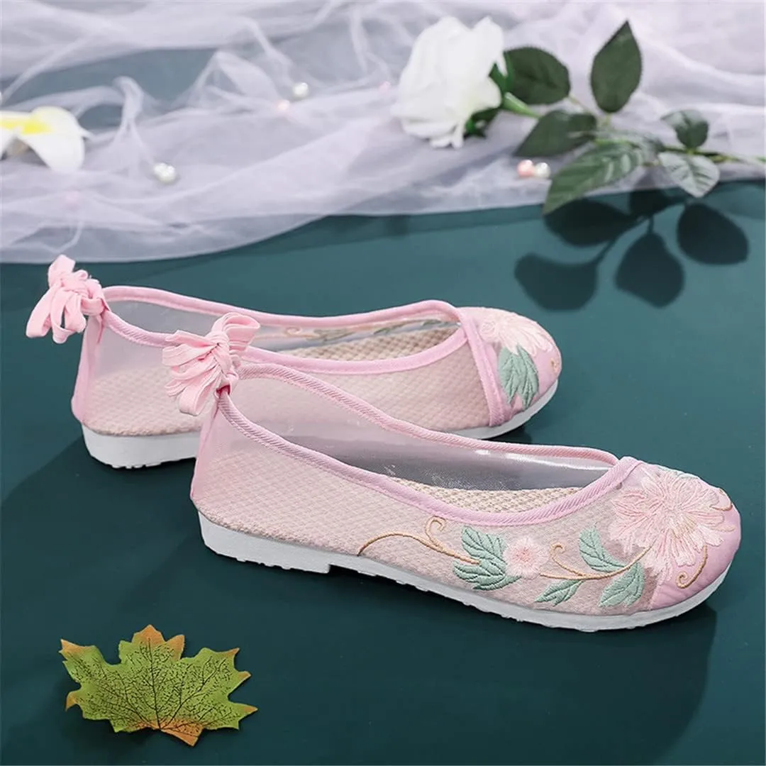 Women's EmbroideShoes, Hanfu Shoes, Flat Heel, Tendon Bottom, Breathable, Mesh,