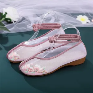 Women's EmbroideShoes, Hanfu Shoes, Flat Heel, Tendon Bottom, Breathable, Mesh,