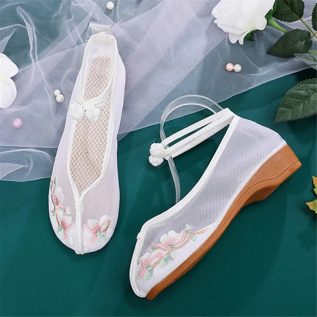Women's EmbroideShoes, Hanfu Shoes, Flat Heel, Tendon Bottom, Breathable, Mesh,