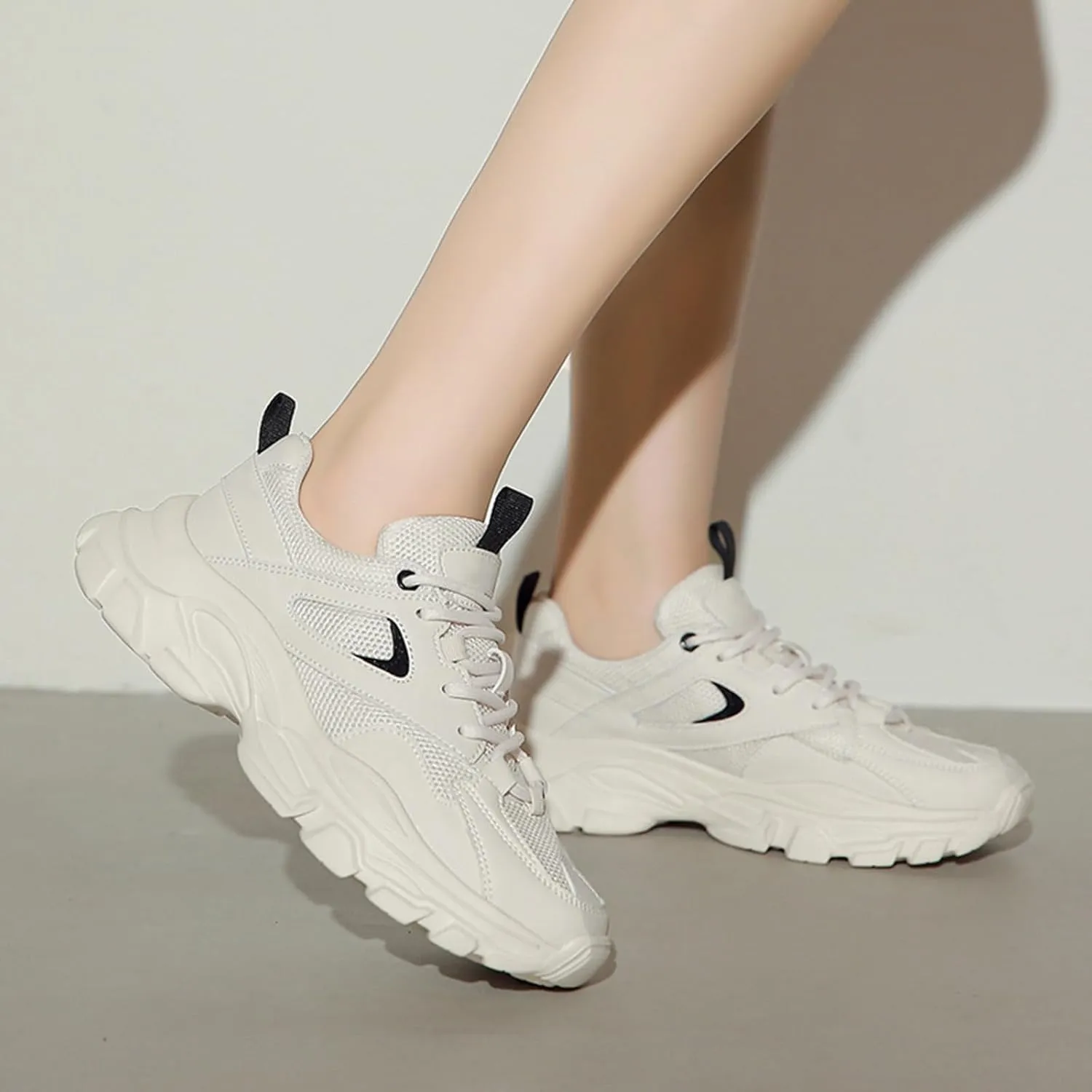 Women's Fashion Sneakers- Breathable Casual Platform Chunky Trainers with Mesh for Autumn, Thick Bottom Running Shoes,White-39