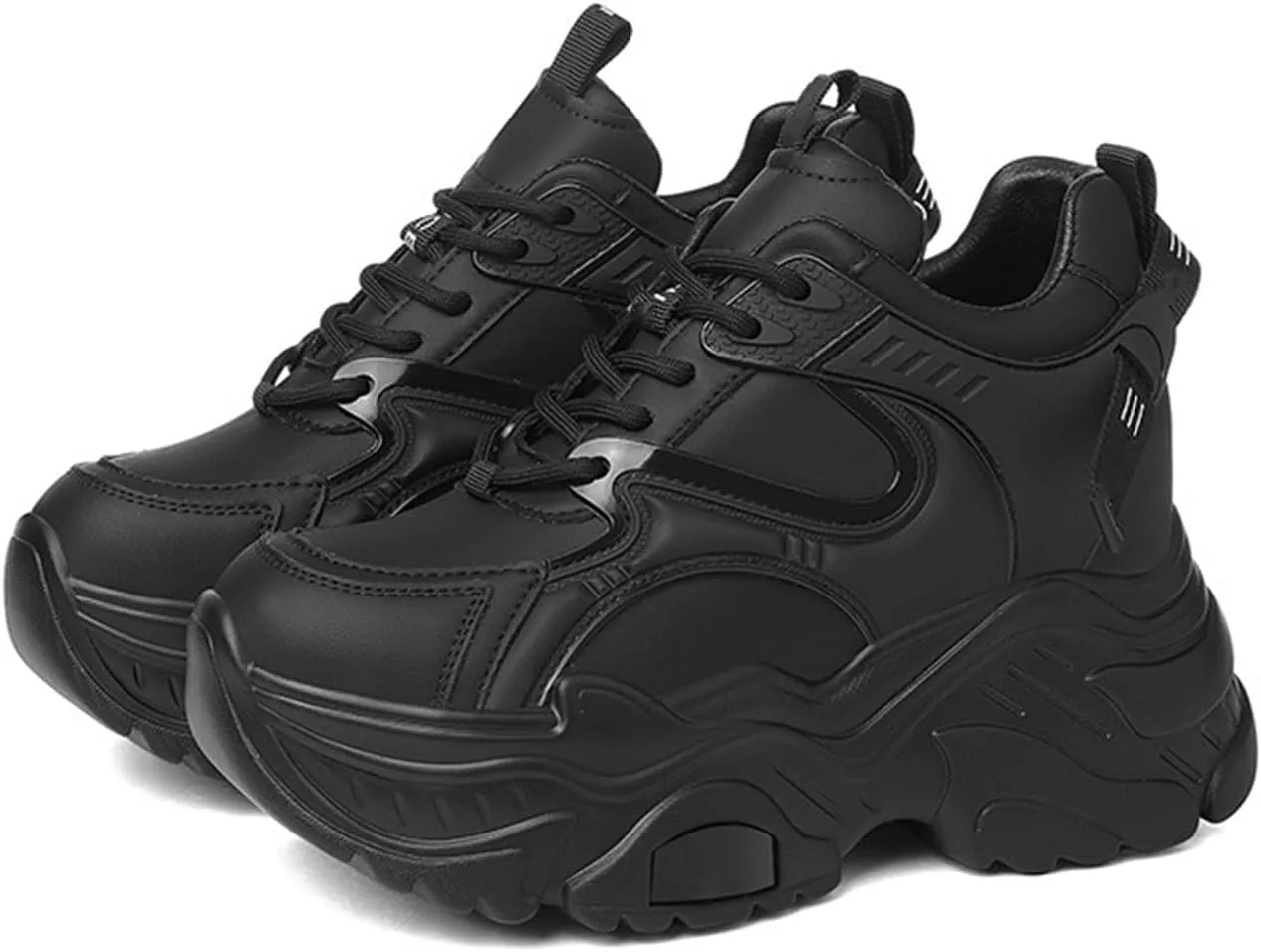 Women's Fashion Sneakers - Casual Chunky Platform Trainers for Comfortable Hipster Style, Thick Bottom and Increased Height - Black Single Shoes,Black-38