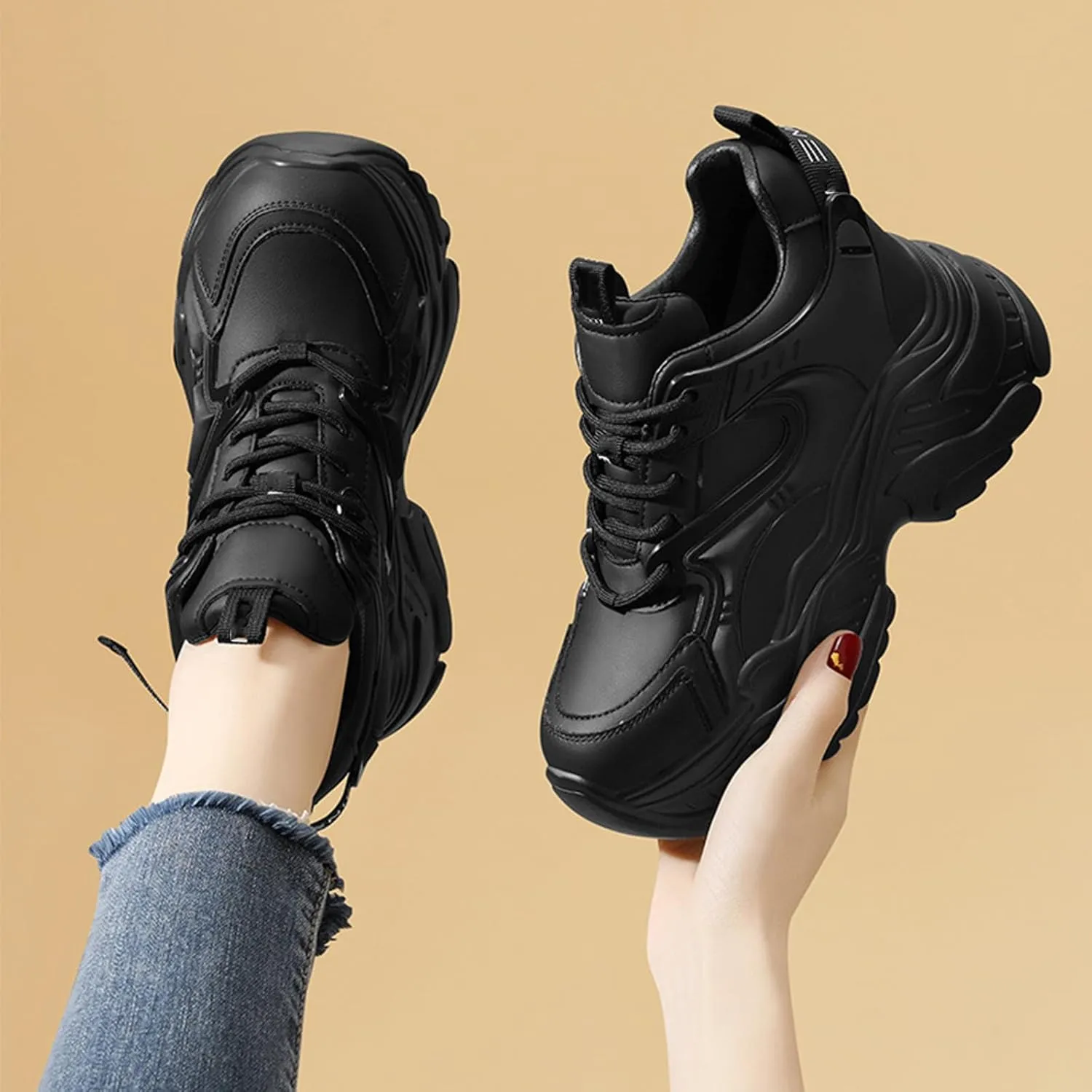 Women's Fashion Sneakers - Casual Chunky Platform Trainers for Comfortable Hipster Style, Thick Bottom and Increased Height - Black Single Shoes,Black-38