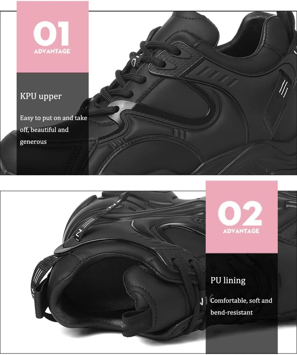 Women's Fashion Sneakers - Casual Chunky Platform Trainers for Comfortable Hipster Style, Thick Bottom and Increased Height - Black Single Shoes,Black-38