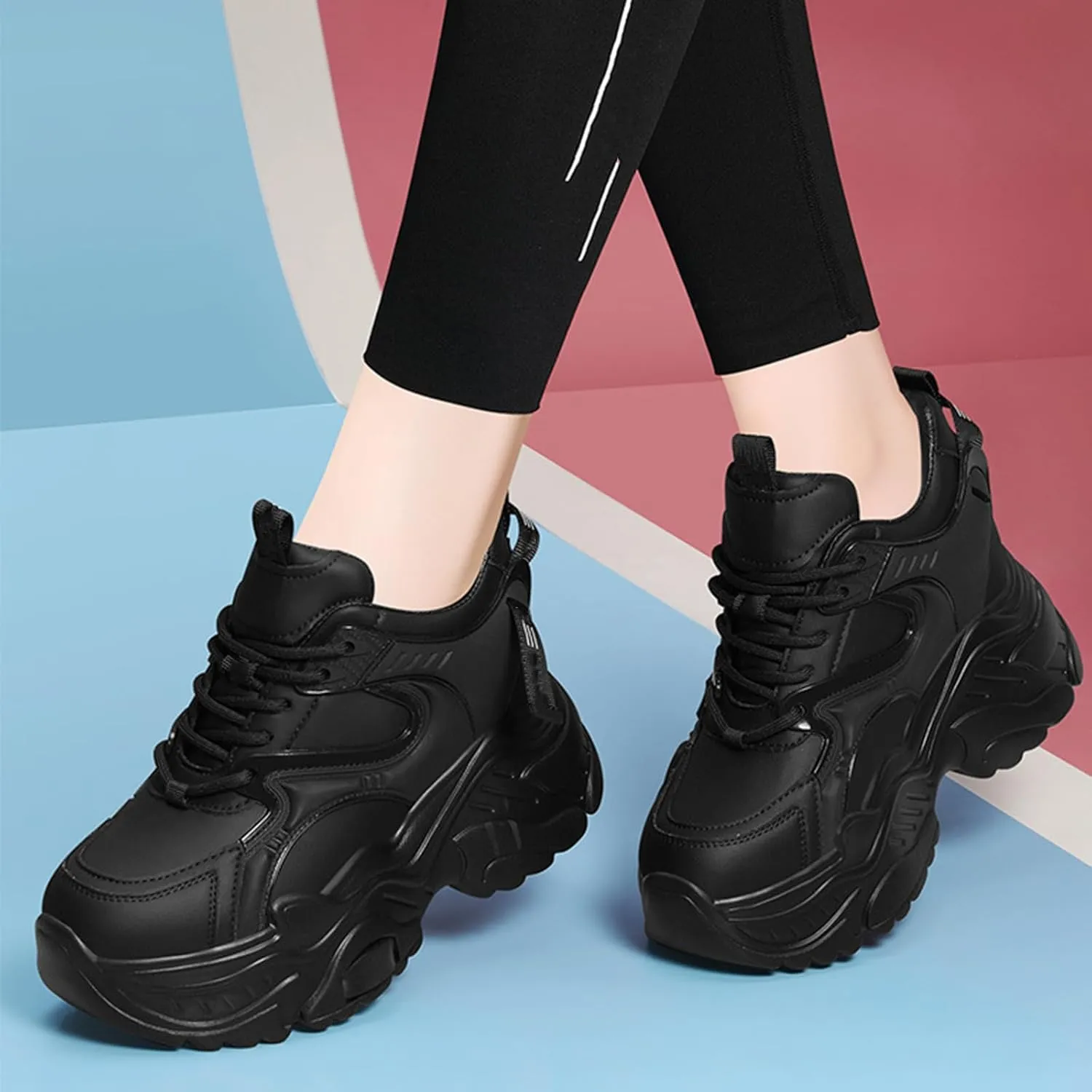 Women's Fashion Sneakers - Casual Chunky Platform Trainers for Comfortable Hipster Style, Thick Bottom and Increased Height - Black Single Shoes,Black-38