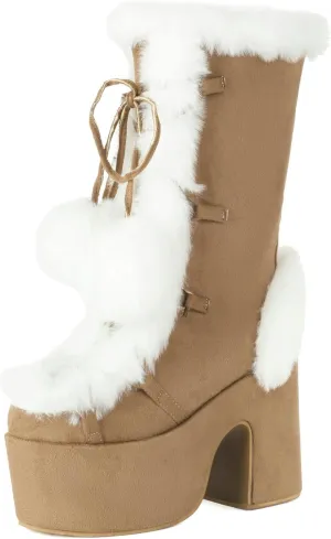 Womens Faux Fur Platform Snow Boots Goth Mid Calf Combat Boots Lace Up Chunky High Heel Square Toe Winter Furry Boots
