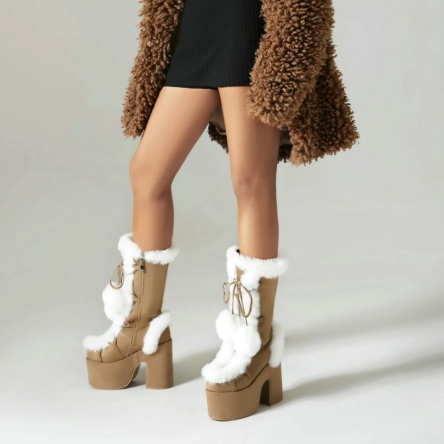 Womens Faux Fur Platform Snow Boots Goth Mid Calf Combat Boots Lace Up Chunky High Heel Square Toe Winter Furry Boots