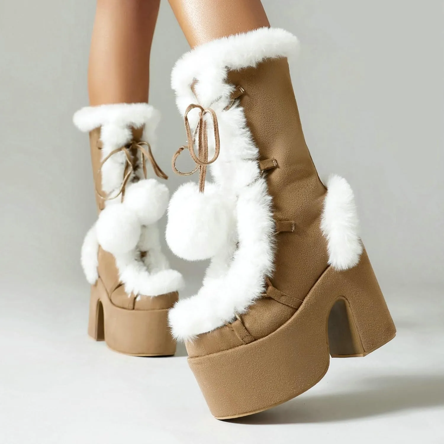 Womens Faux Fur Platform Snow Boots Goth Mid Calf Combat Boots Lace Up Chunky High Heel Square Toe Winter Furry Boots