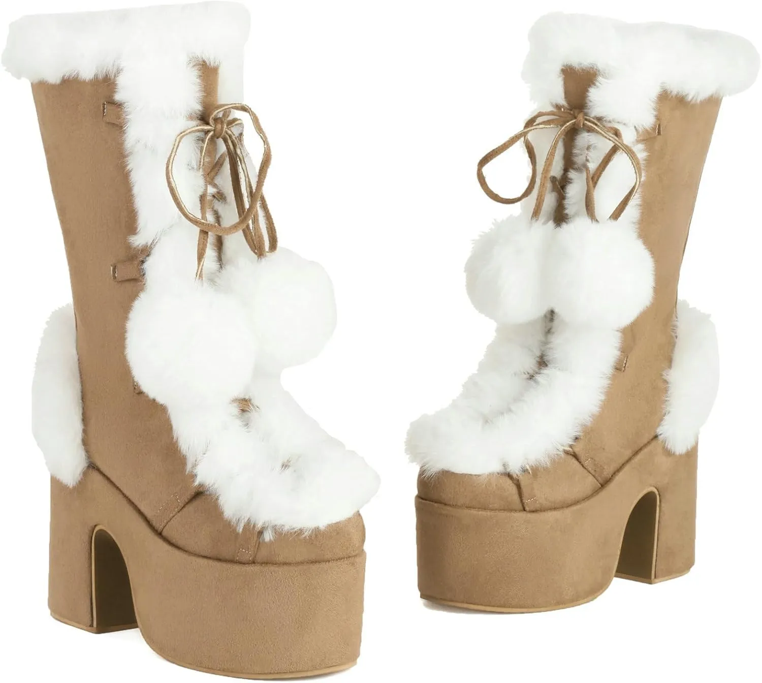 Womens Faux Fur Platform Snow Boots Goth Mid Calf Combat Boots Lace Up Chunky High Heel Square Toe Winter Furry Boots