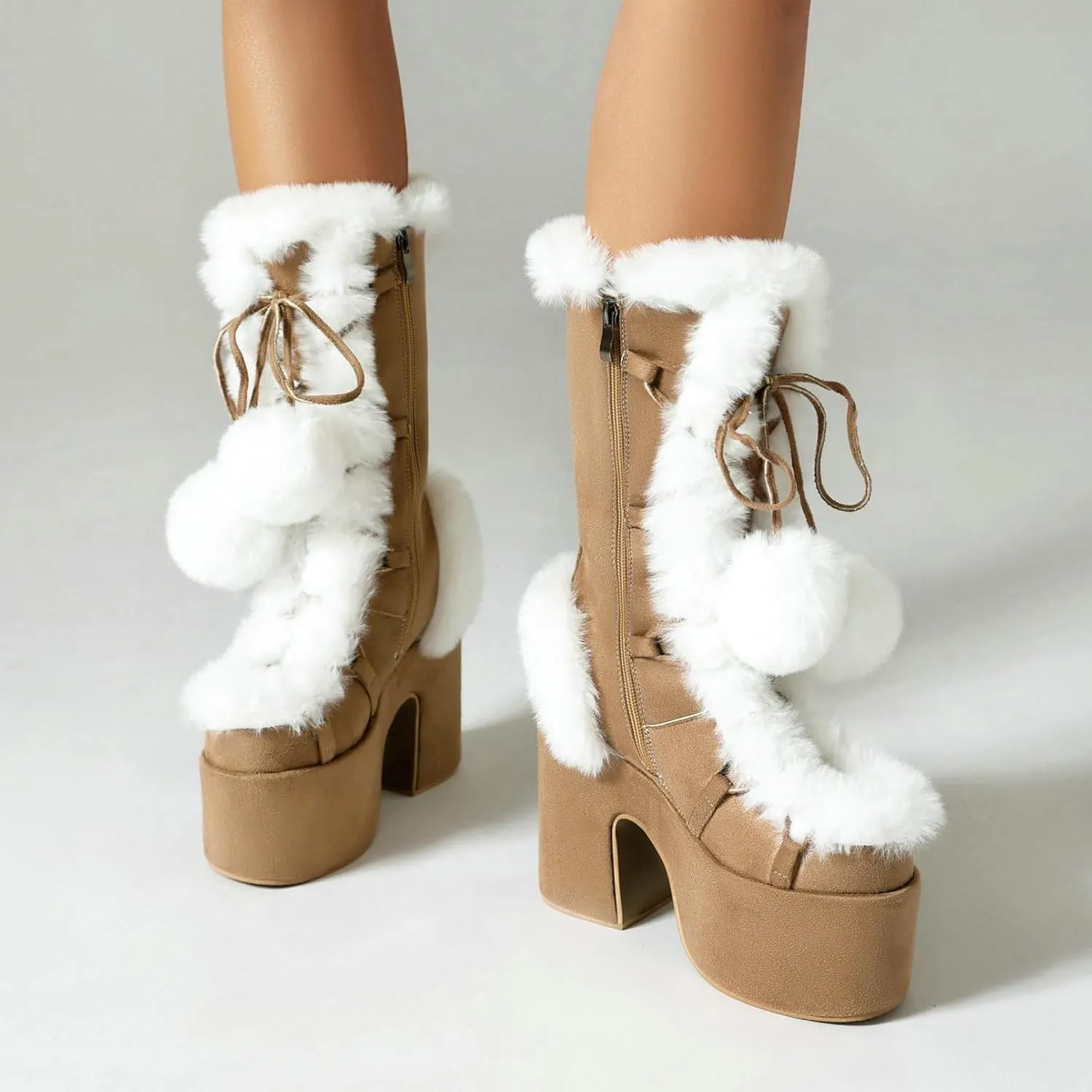 Womens Faux Fur Platform Snow Boots Goth Mid Calf Combat Boots Lace Up Chunky High Heel Square Toe Winter Furry Boots