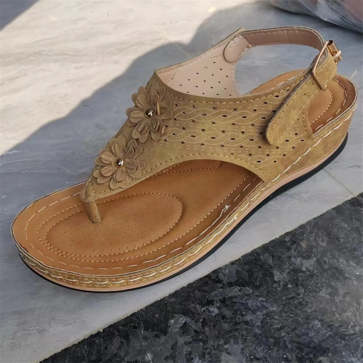 Women's Faux Leather Orthopedic Sandals with Arch Support Diabetic Walking Sandals Summer Adjustable Non Slip Platforms Orthotic Wedge Sandals Casual Comfortable Pinch Toe Beach Flip-flops Slippers