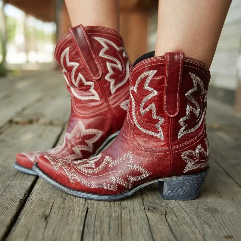 Womens' floral embroidered cowboy boots short pointed toe cowgirl boots
