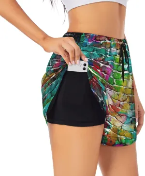 Women's Graffiti Colorful Brick Print Athletic Shorts,Shorts Yoga Active Workout Running Shorts with Pockets