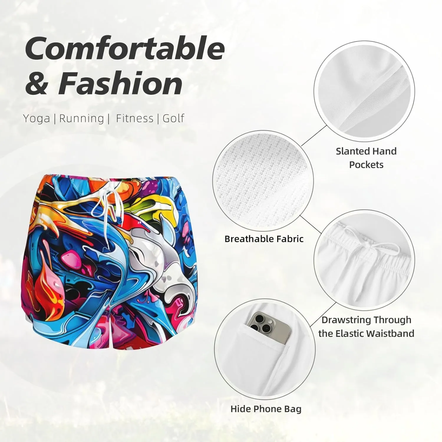Women's Graffiti Drawing Print Athletic Shorts,Shorts Yoga Active Workout Running Shorts with Pockets