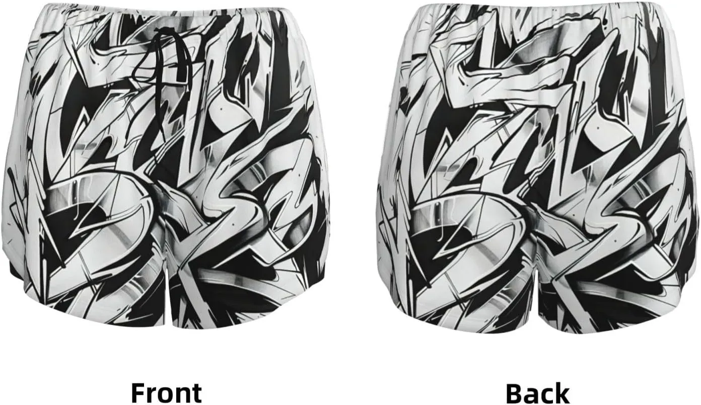 Women's Graffiti Drawing Print Athletic Shorts,Shorts Yoga Active Workout Running Shorts with Pockets