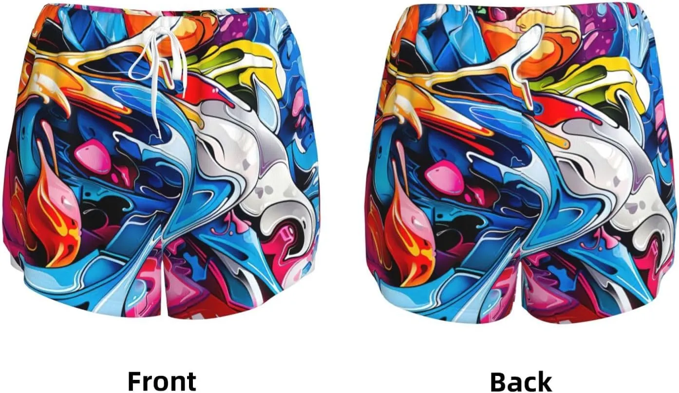 Women's Graffiti Drawing Print Athletic Shorts,Shorts Yoga Active Workout Running Shorts with Pockets