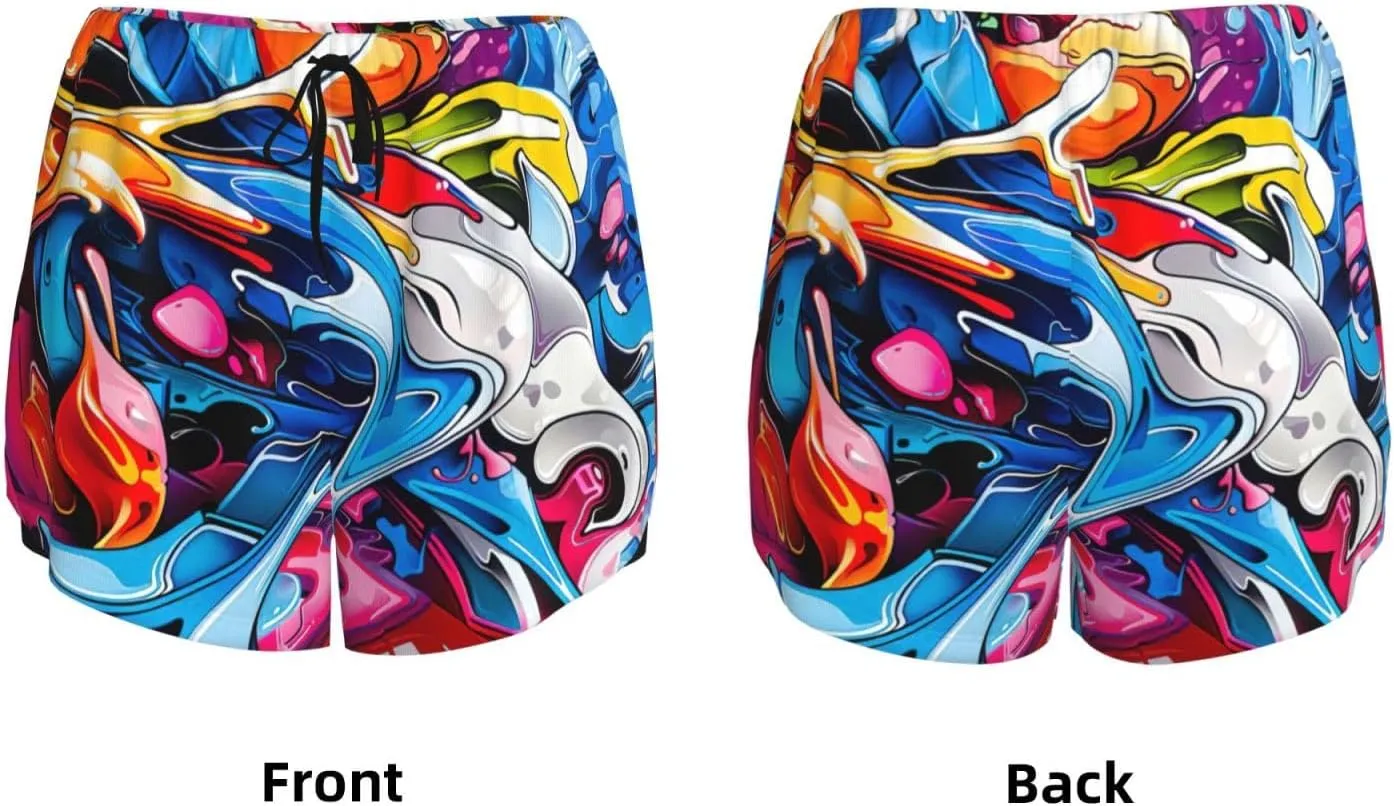 Women's Graffiti Drawing Print Athletic Shorts,Shorts Yoga Active Workout Running Shorts with Pockets