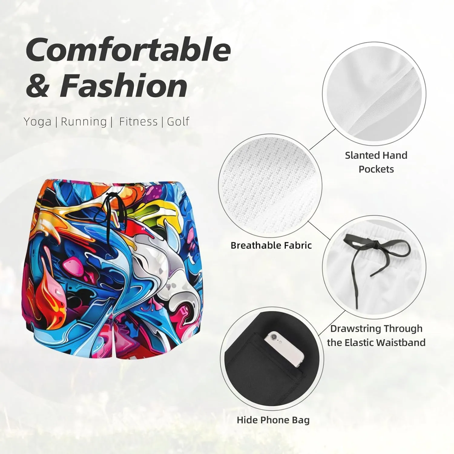 Women's Graffiti Drawing Print Athletic Shorts,Shorts Yoga Active Workout Running Shorts with Pockets