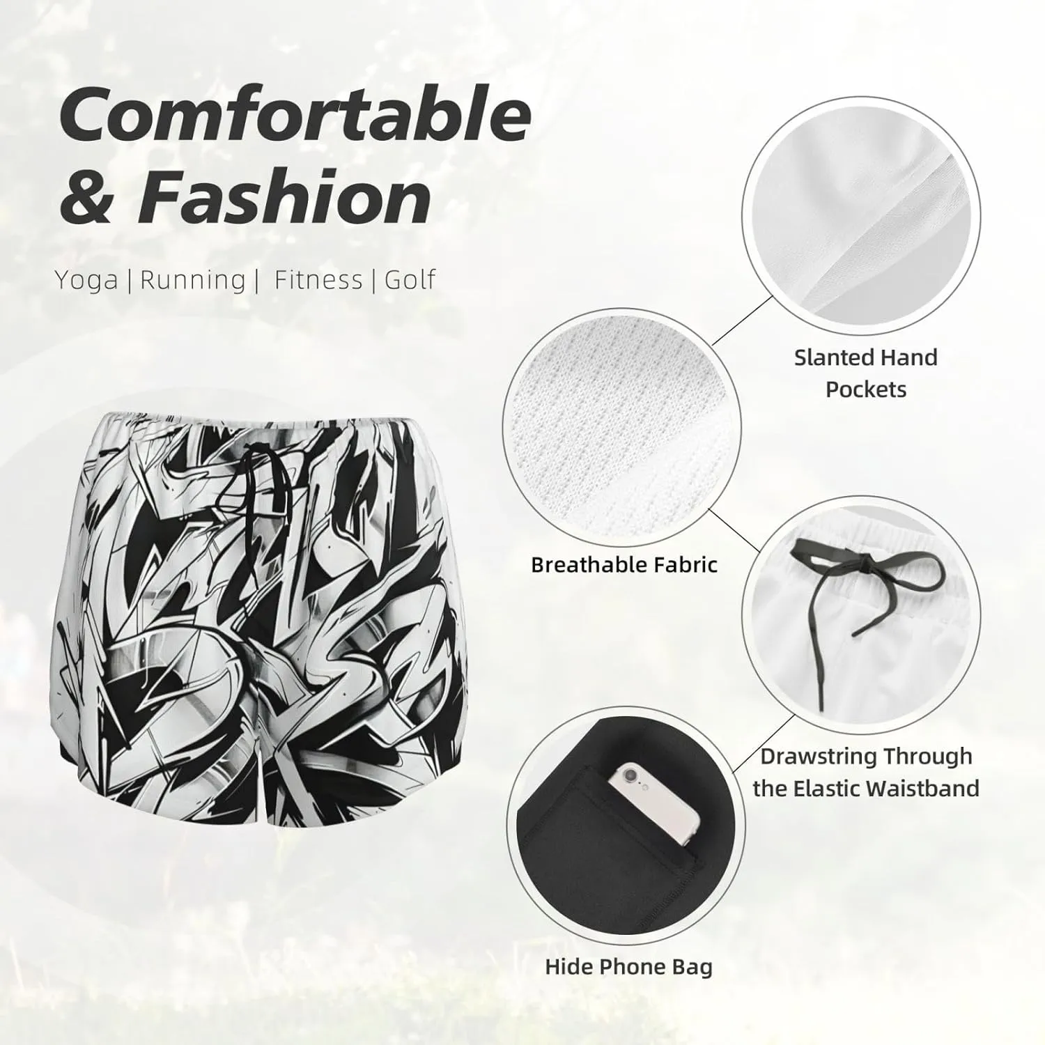 Women's Graffiti Drawing Print Athletic Shorts,Shorts Yoga Active Workout Running Shorts with Pockets