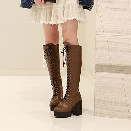 Women's Knee High Goth Platform Buckle Boots Round Toe Chunky High Heel Lace Up Punk Combat Military Boots