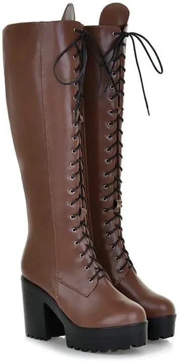 Women's Knee High Goth Platform Buckle Boots Round Toe Chunky High Heel Lace Up Punk Combat Military Boots