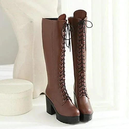 Women's Knee High Goth Platform Buckle Boots Round Toe Chunky High Heel Lace Up Punk Combat Military Boots