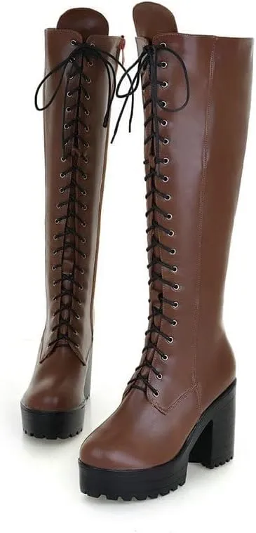 Women's Knee High Goth Platform Buckle Boots Round Toe Chunky High Heel Lace Up Punk Combat Military Boots