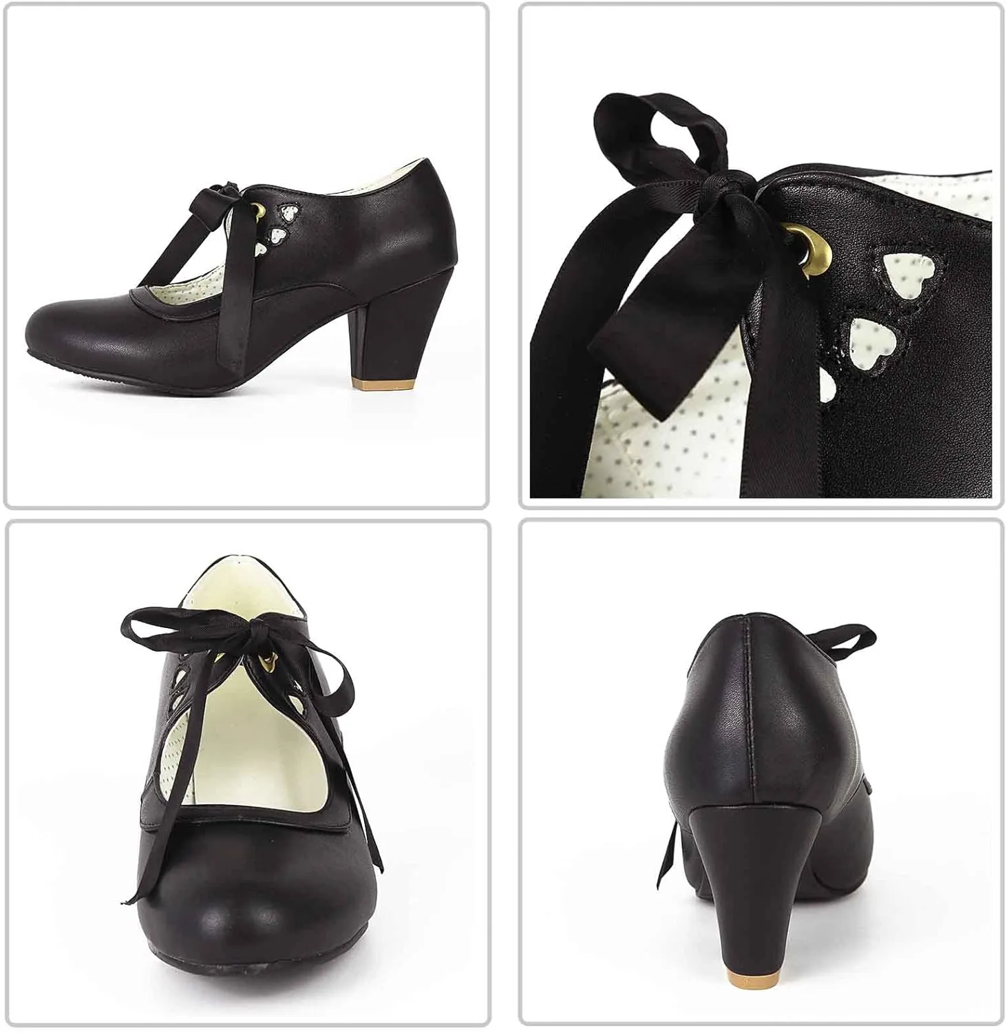 Women's Mary Jane Pumps Chunky Block Shoes Heart Hollow Adorable Vintage Shoes Unique Round Toe Lace Up