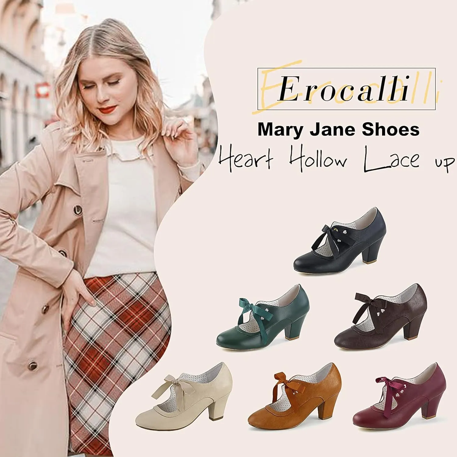 Women's Mary Jane Pumps Chunky Block Shoes Heart Hollow Adorable Vintage Shoes Unique Round Toe Lace Up